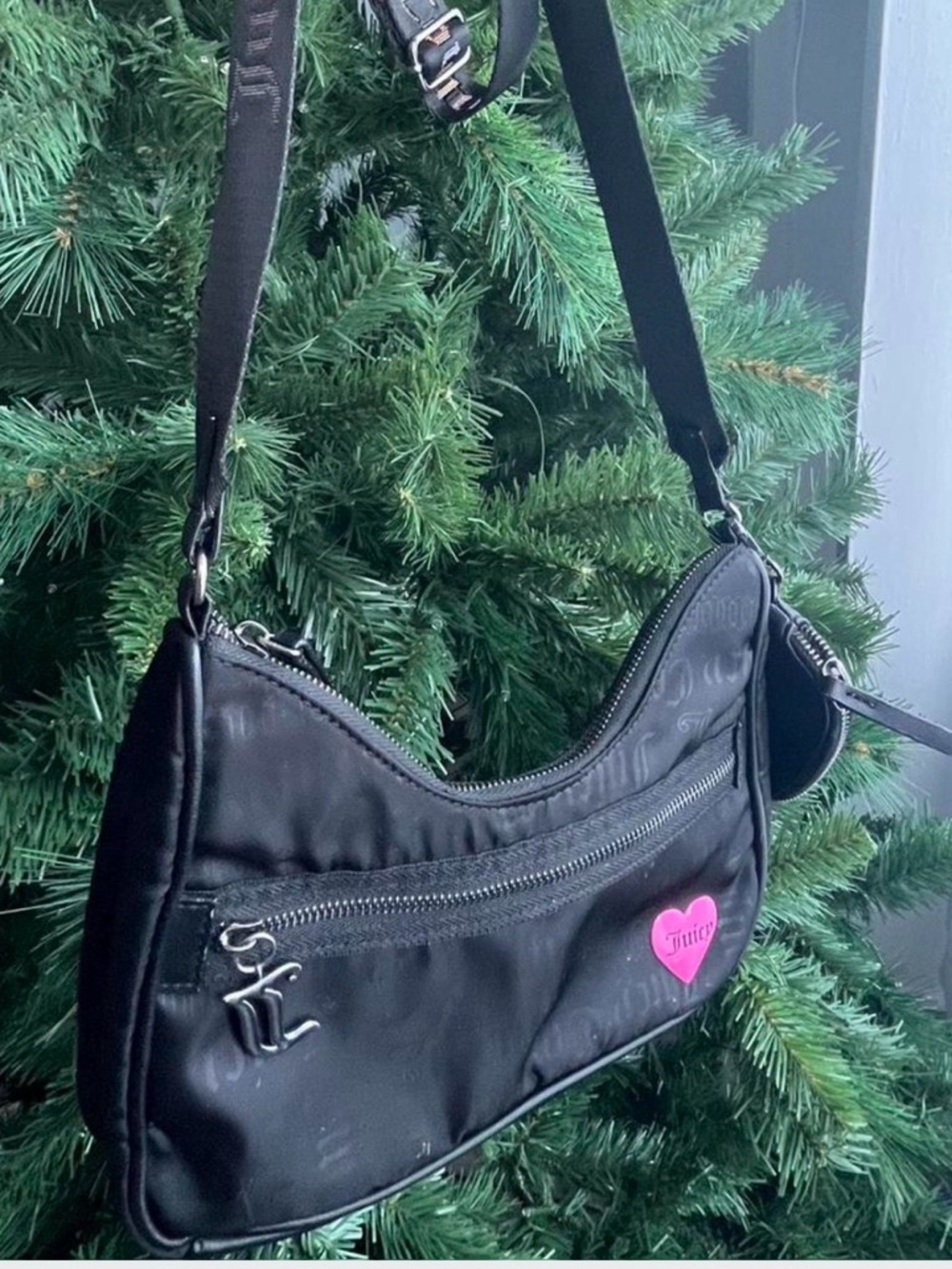 Juicy Couture Black Shoulder Bag with Pink Heart Patch Accent